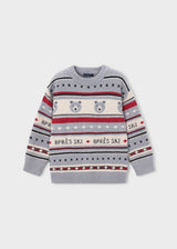 Mayoral boys jacquard sweater in Gray with ski pattern, polar bear artwork, and Après Ski lettering.