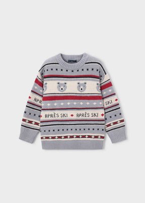 Mayoral boys jacquard sweater in Gray with ski pattern, polar bear artwork, and Après Ski lettering.