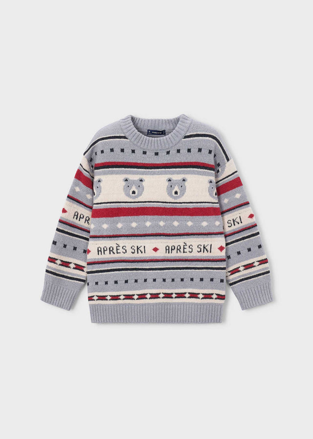 Mayoral boys jacquard sweater in Gray with ski pattern, polar bear artwork, and Après Ski lettering.
