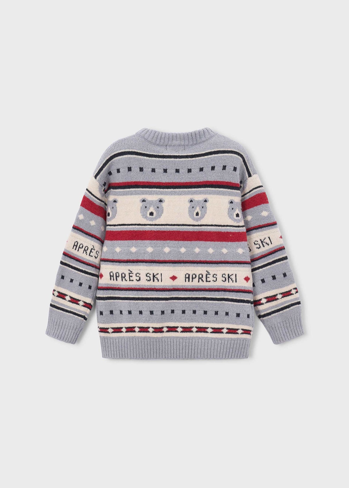 Back view of Mayoral boys Gray ski jacquard sweater with Navy, Red, and White stripe details.