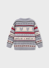 Back view of Mayoral boys Gray ski jacquard sweater with Navy, Red, and White stripe details.