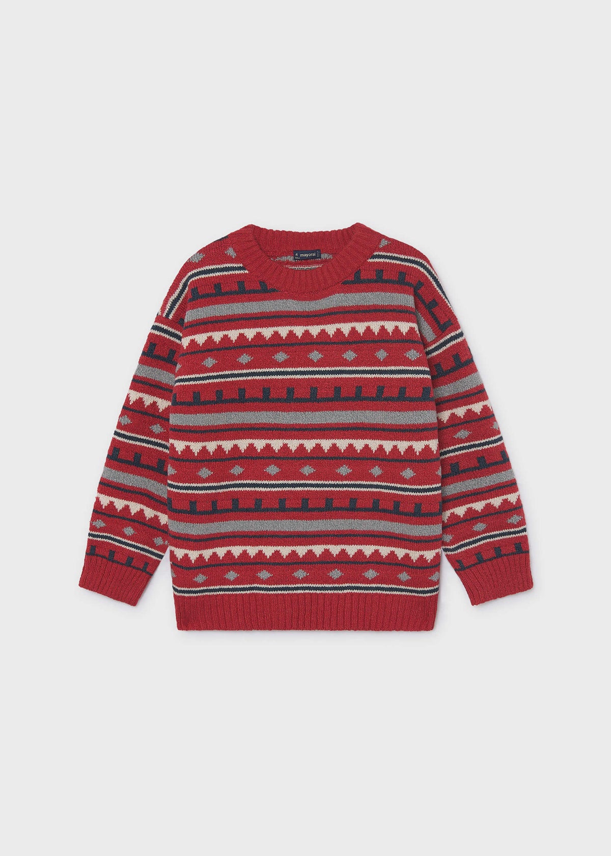 Red jacquard knit sweater with grey, cream and navy geometric stripes, Mayoral boys