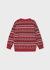 Back of the red jacquard sweater with grey, cream and navy stripes