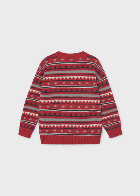 Back of the red jacquard sweater with grey, cream and navy stripes