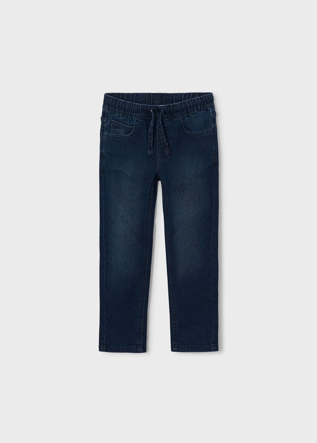 Mayoral boys pull-on jeans in Dark Blue cotton-rich stretch denim for school and everyday outfits.