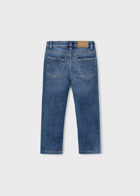 Back view of Mayoral boys Blue regular fit jeans with classic denim pockets.