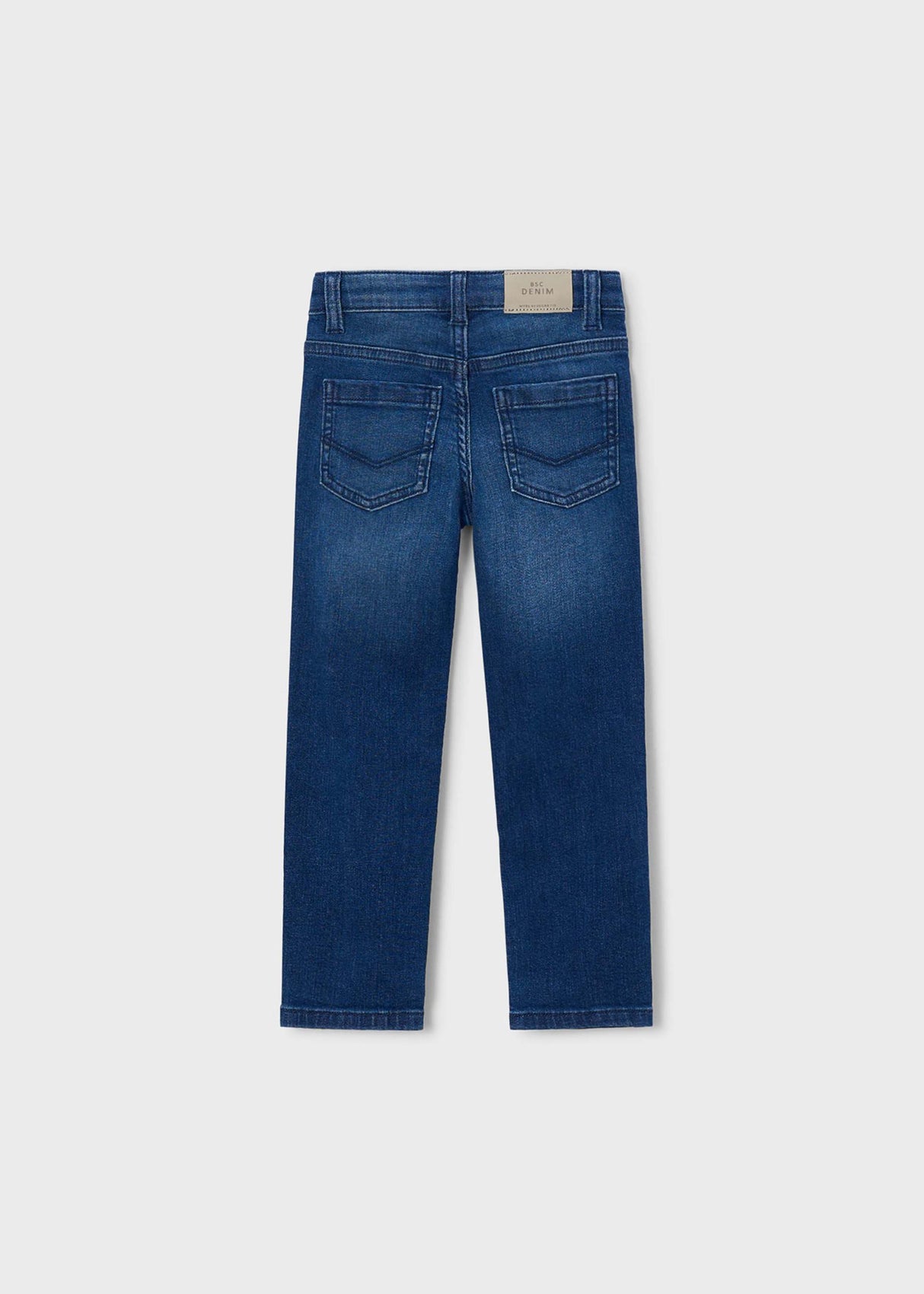 Back view of Mayoral boys Dark Blue slim fit jeans with classic denim pocket styling.