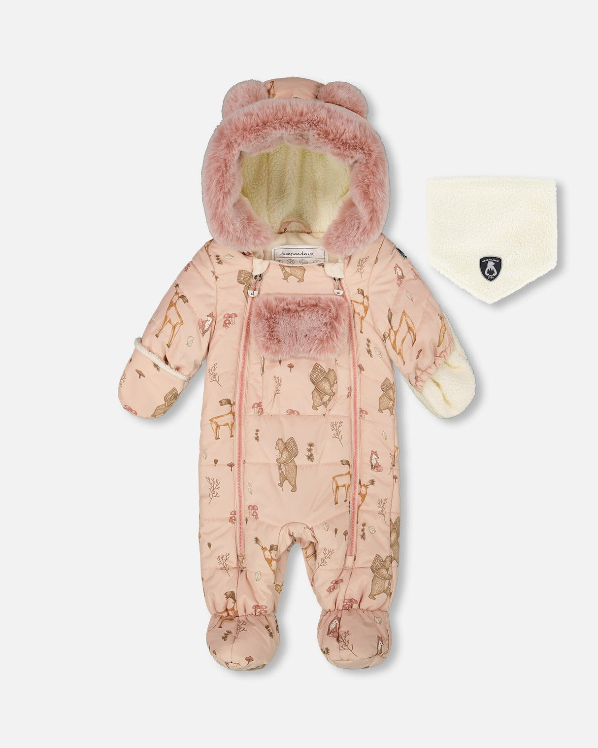 Flat lay front view of the Deux par Deux baby layette one-piece snowsuit in pink animal print with hood
