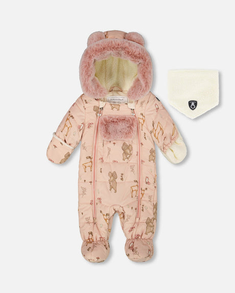 Flat lay front view of the Deux par Deux baby layette one-piece snowsuit in pink animal print with hood