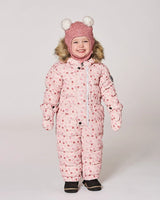 Baby girl wearing pink mini flowers puffy snowsuit front view