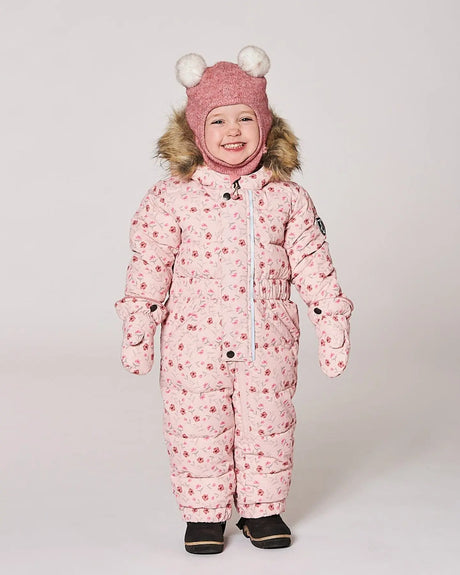 Baby girl wearing pink mini flowers puffy snowsuit front view