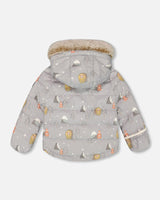 Back view of the gray Baby Snug snowsuit set laid flat