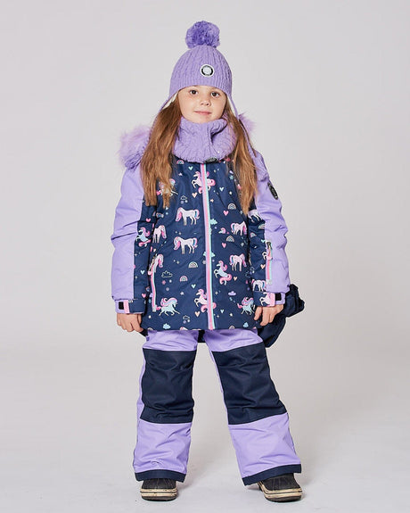 Child wearing Deux Par Deux unicorn lavender snowsuit front view, breathable and warm