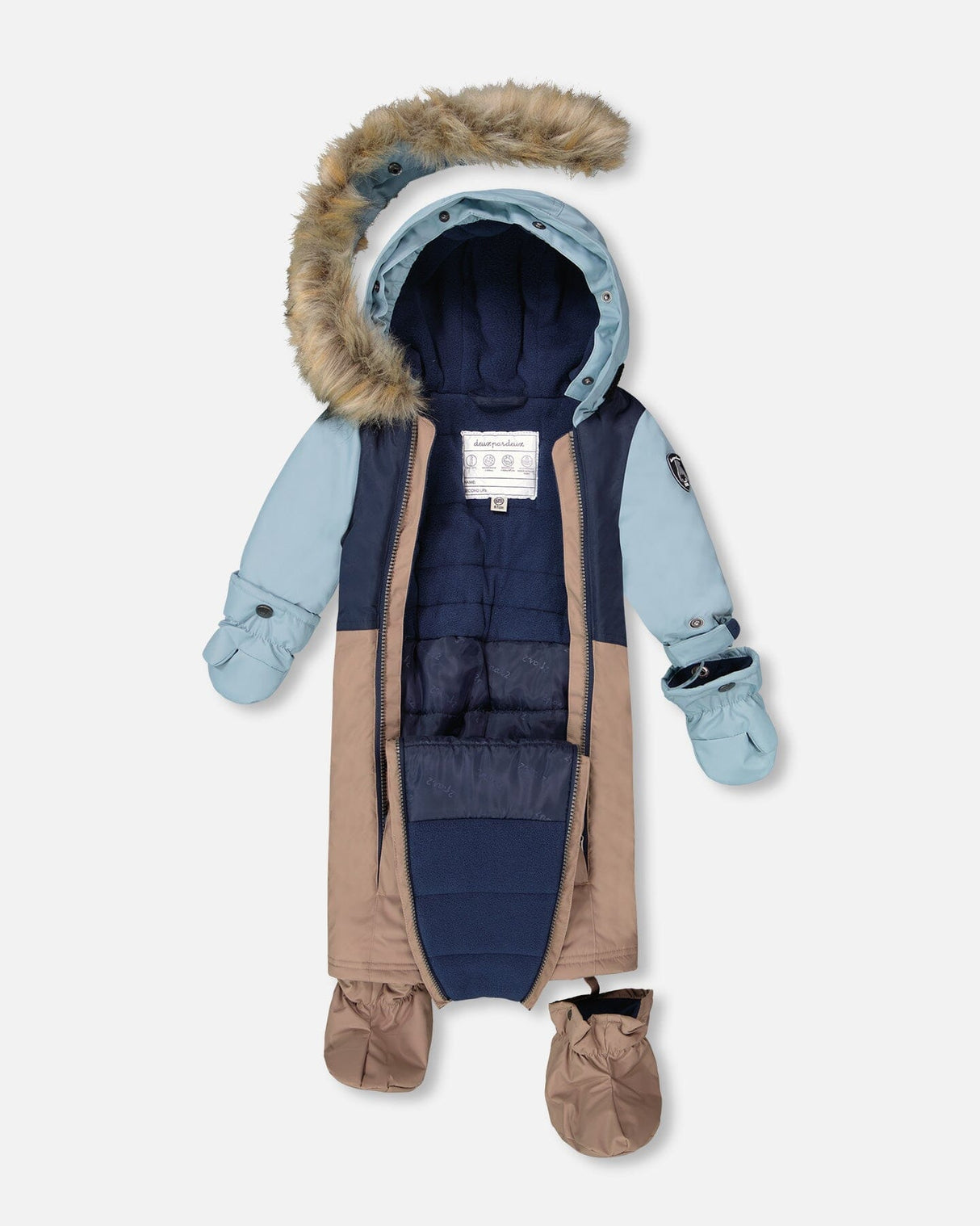 Close-up of faux fur hood and fleece lining taupe snowsuit