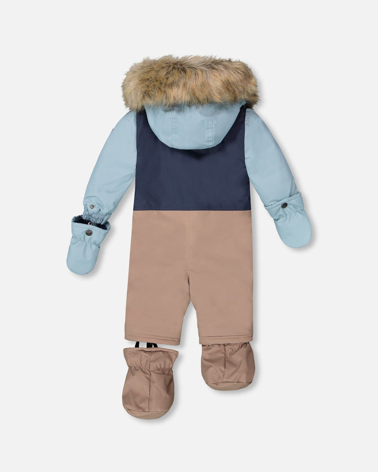 Back view of Deux Par Deux taupe baby snowsuit