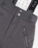 Close-up Cordura reinforced knee and zipper on dark gray snow pants