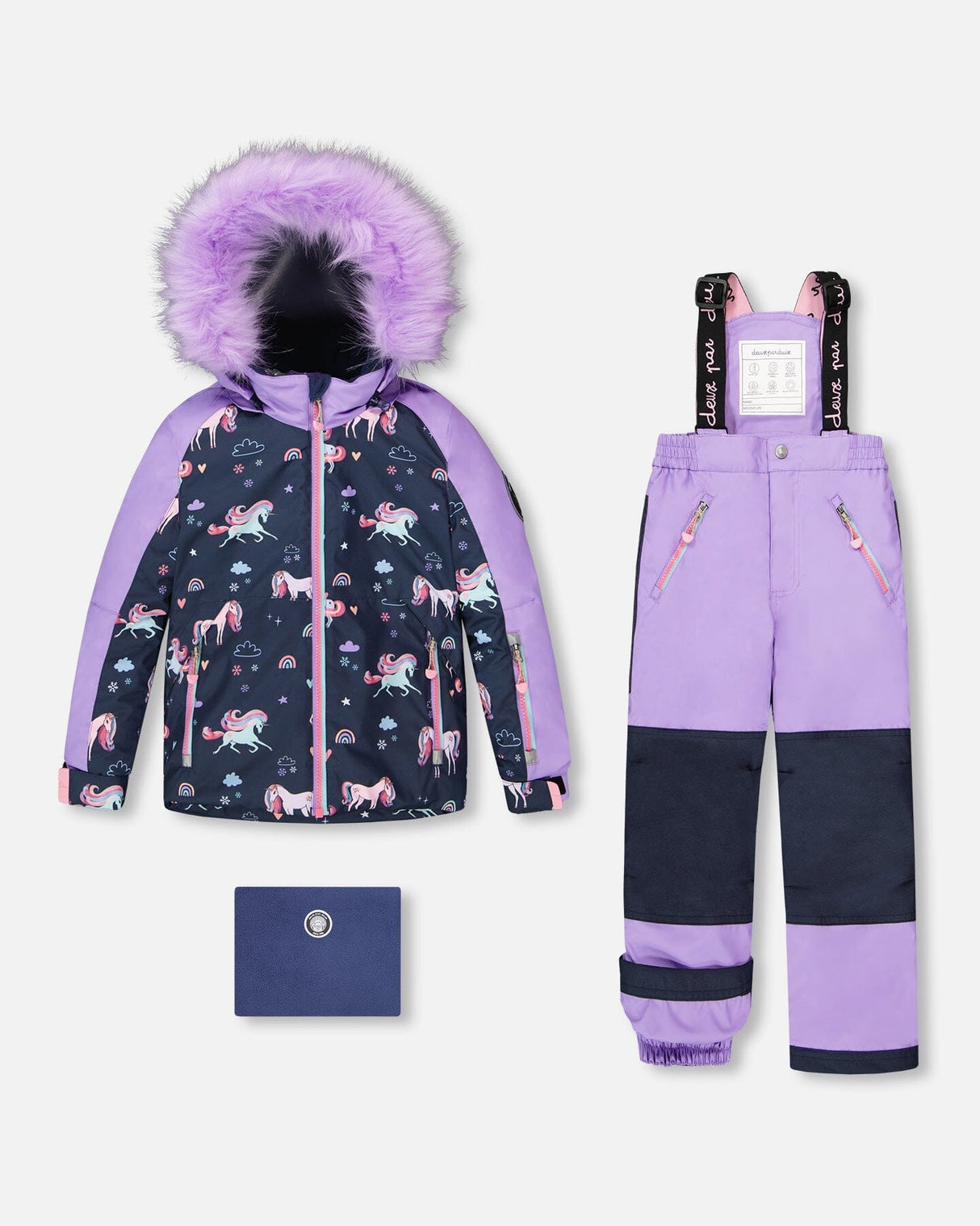 Deux Par Deux Two-Piece Play Snowsuit Unicorn Lavender set flat lay, waterproof to −30°C