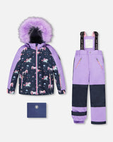 Deux Par Deux Two-Piece Play Snowsuit Unicorn Lavender set flat lay, waterproof to −30°C
