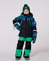 Child wearing Deux Par Deux colorblocked green snowsuit front view, breathable and warm