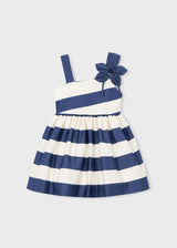 Mayoral girls Navy/Ivory striped asymmetric dress with floral applique and gathered skirt.