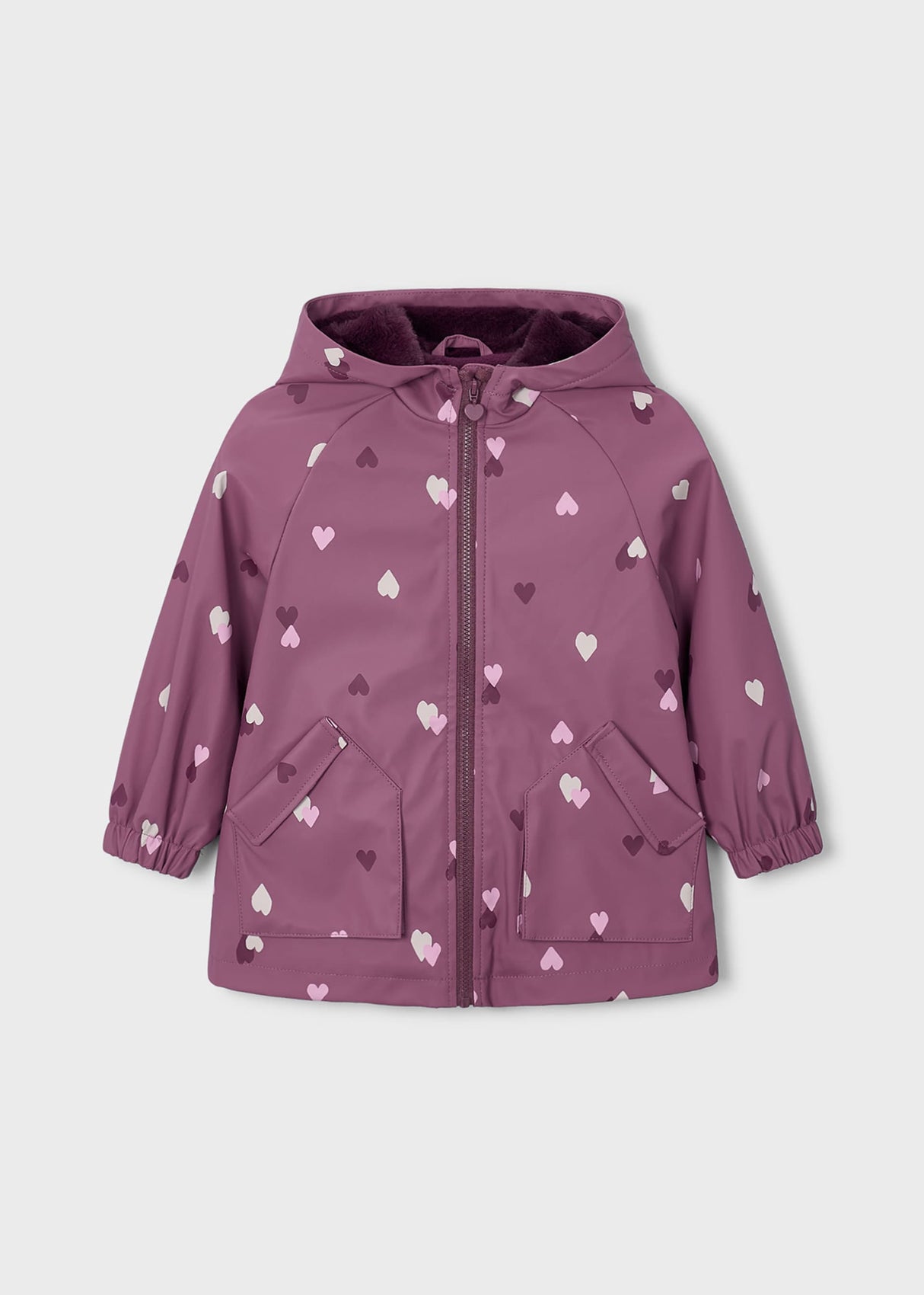 Mayoral girls hooded raincoat in Mauve with white heart print, zip front, and soft lining.