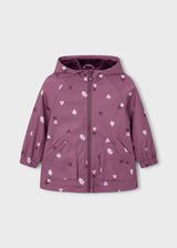 Mayoral girls hooded raincoat in Mauve with white heart print, zip front, and soft lining.