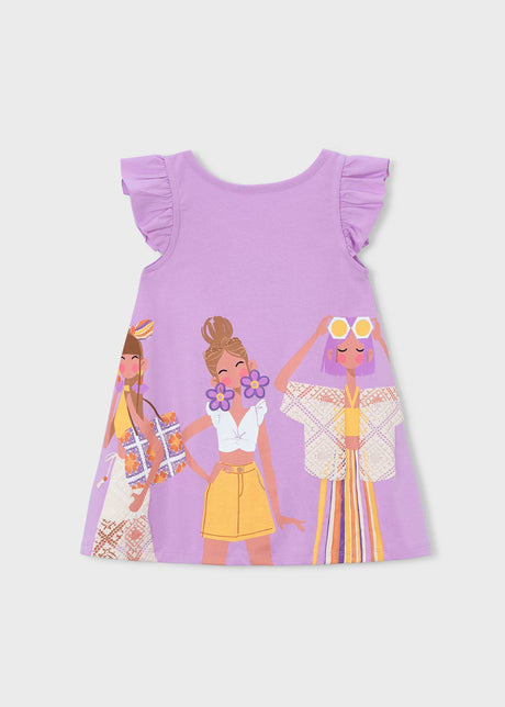 Mayoral girls Lilac knit dress with ruffle sleeves and colorful front graphic print.