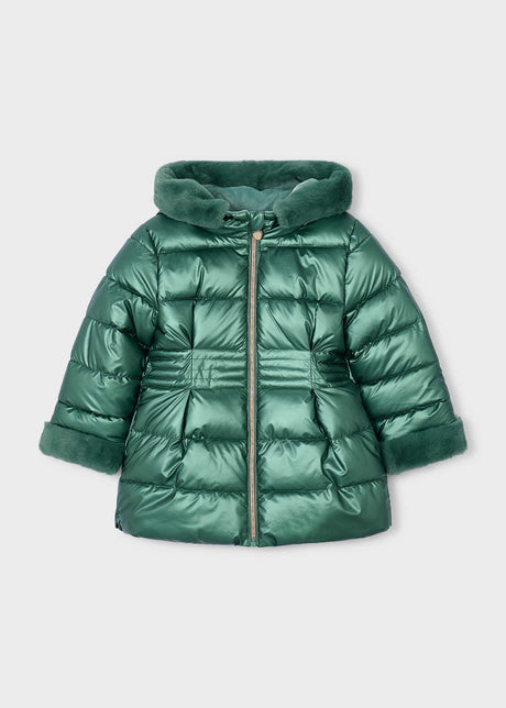 Metallic green hooded puffer jacket with faux fur trim and gold zip, Mayoral girls