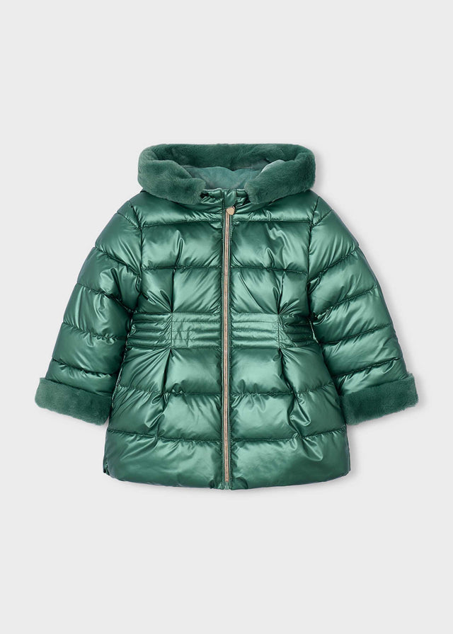 Metallic green hooded puffer jacket with faux fur trim and gold zip, Mayoral girls