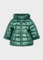 Metallic green hooded puffer jacket with faux fur trim and gold zip, Mayoral girls