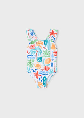 Mayoral girls Ivory/Multicolor one-piece swimsuit with ruffled shoulders and playful summer print.