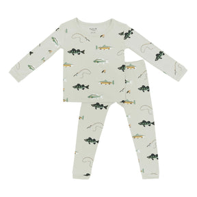 Kyte Baby boys Sage Green fishing bamboo long sleeve pajama set with matching top and pants.