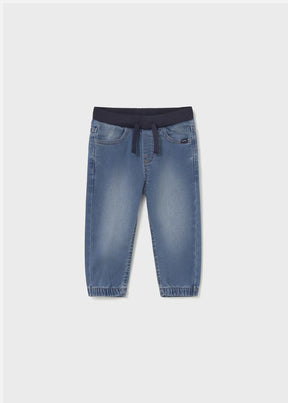Mayoral Baby Denim Jogger Pants blue front view, elastic drawstring waist for comfy fit