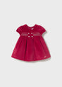 Mayoral Newborn Girl Velvet Dress red front view, smocked detail, soft holiday velvet