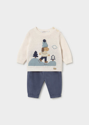 Mayoral newborn boy jacquard sweater and pants set in Indigo, sizes 2-18M – product view 1