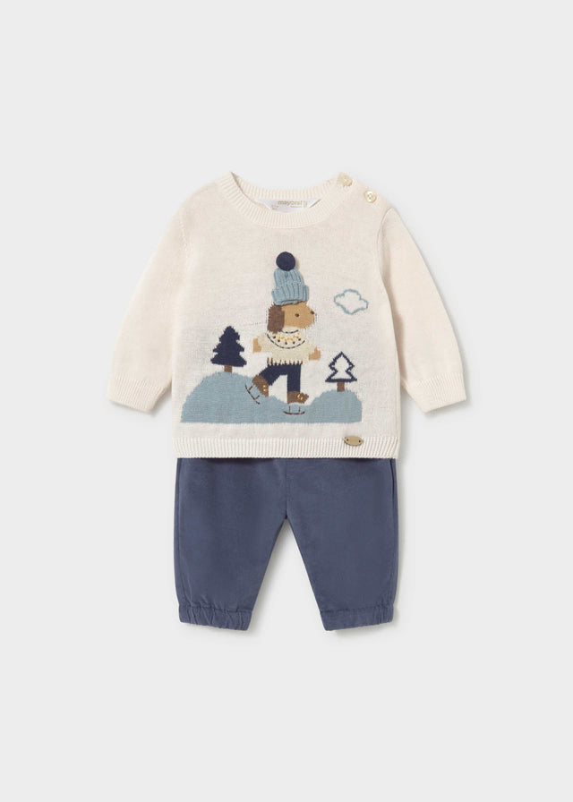 Mayoral newborn boy jacquard sweater and pants set in Indigo, sizes 2-18M – product view 1