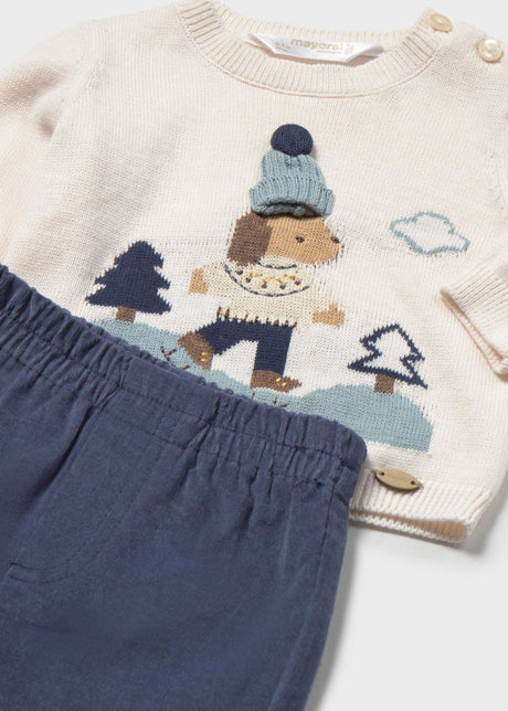 Mayoral newborn boy jacquard sweater and pants set in Indigo, sizes 2-18M – product view 3