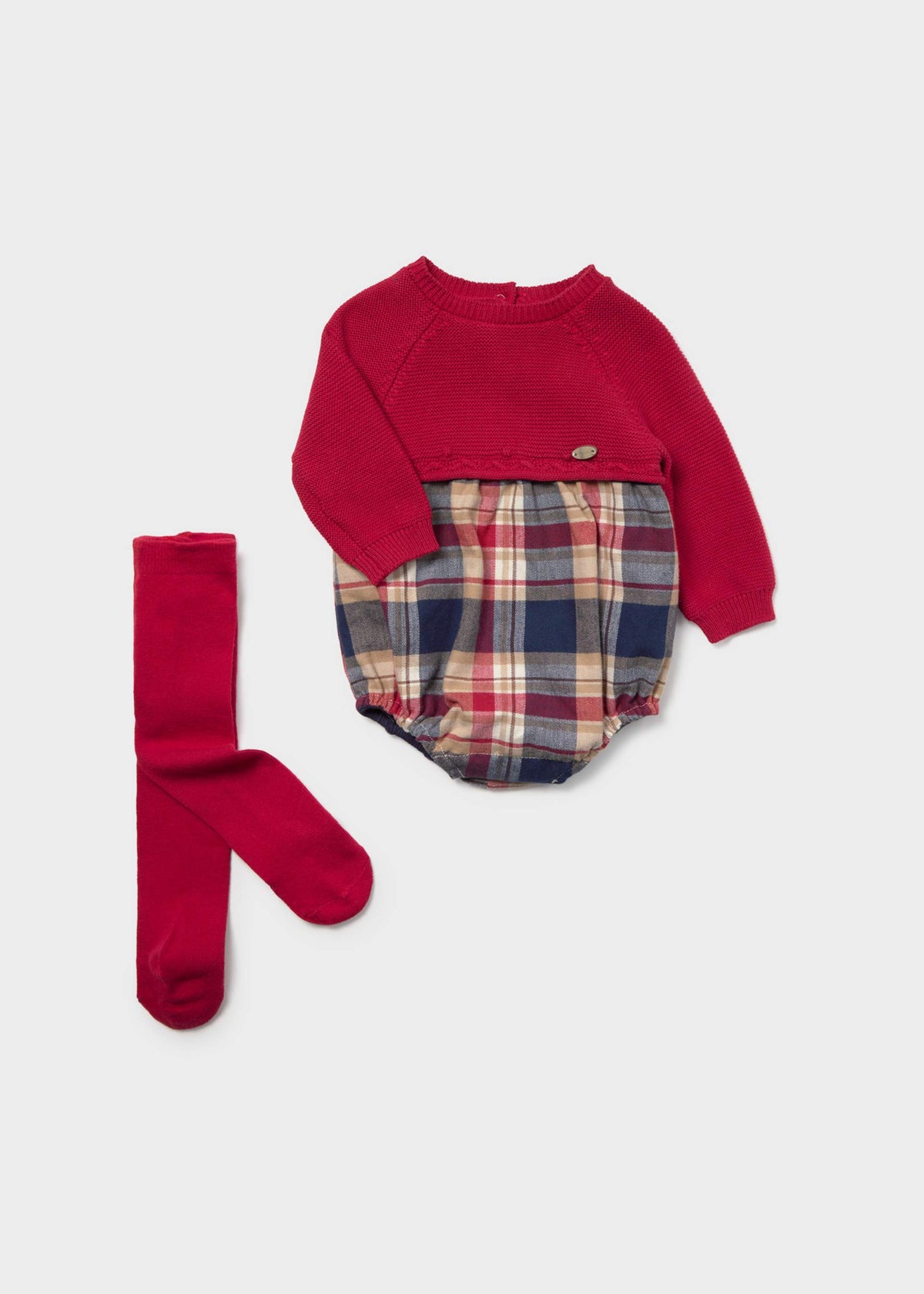 Mayoral newborn boy printed romper with tights in Red, sizes 2-18M – product view 1