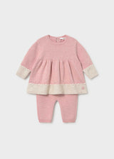 Mayoral newborn baby girl dress with leggings set in soft Pink and Cream 100% cotton.