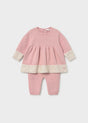 Mayoral newborn baby girl dress with leggings set in soft Pink and Cream 100% cotton.