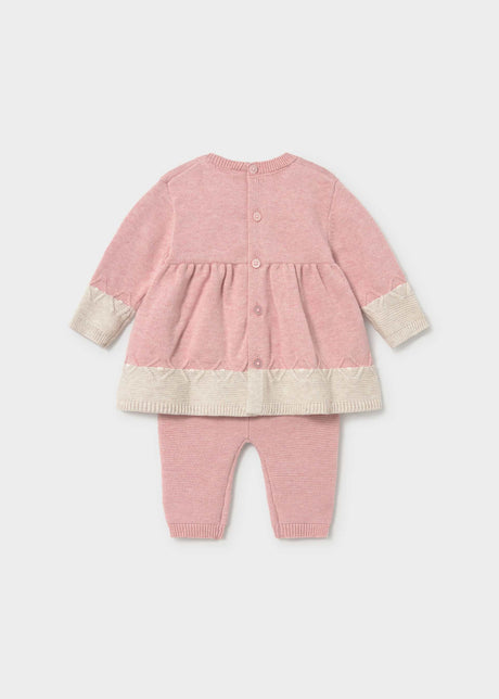Back view of Mayoral baby girl Pink dress and leggings set with Cream trim details.