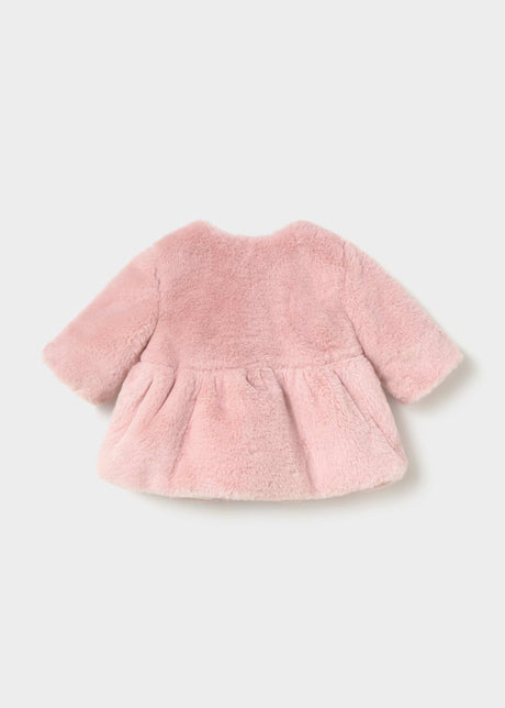Back of the pink faux fur coat with gathered flared hem