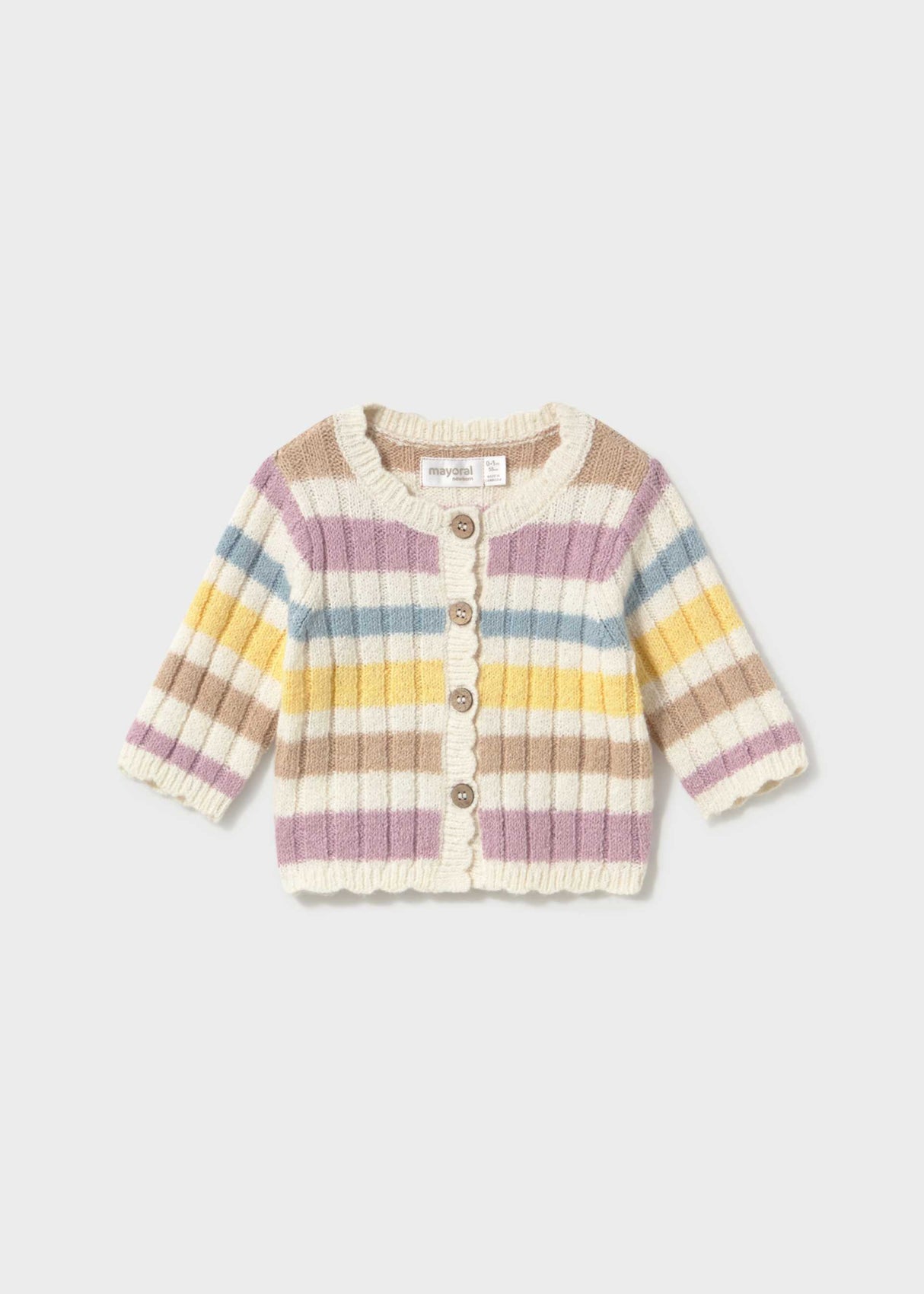 Mayoral newborn baby girl knit cardigan with pastel stripes and button-front closure.