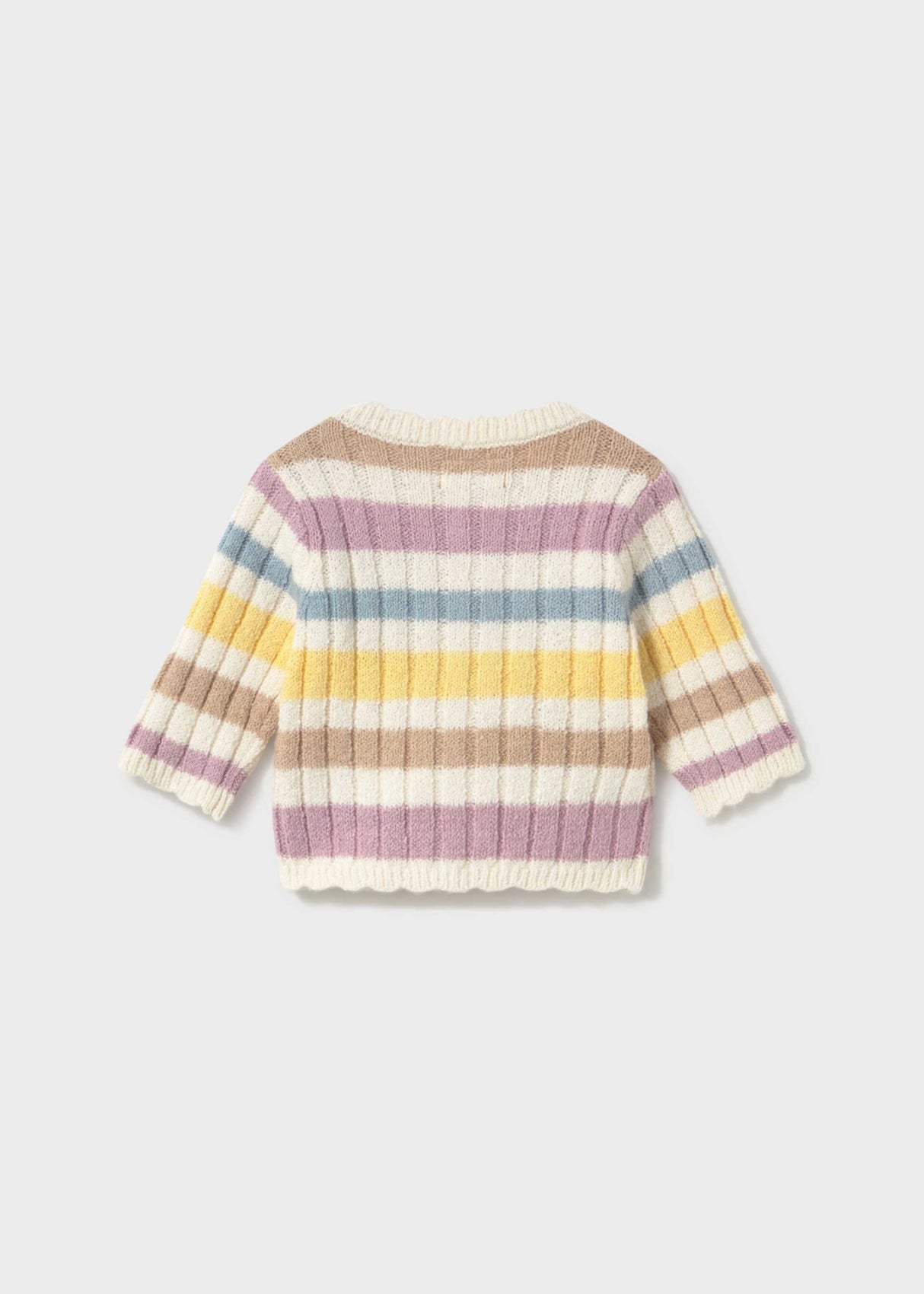 Front view of Mayoral baby girl pastel stripe cardigan in soft cotton-blend knit.
