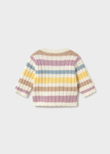 Front view of Mayoral baby girl pastel stripe cardigan in soft cotton-blend knit.