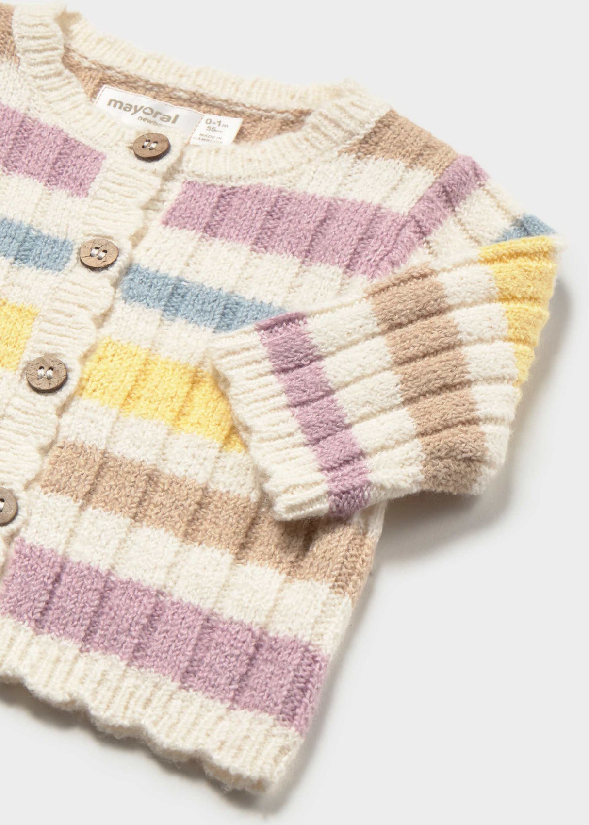 Close-up of Mayoral newborn girl knit cardigan showing pastel stripes, front buttons, and ribbed trim.