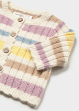 Close-up of Mayoral newborn girl knit cardigan showing pastel stripes, front buttons, and ribbed trim.