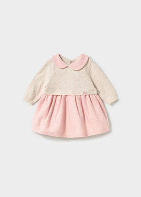 Mayoral newborn baby girl knit dress in Ivory and Pink with long sleeves and soft cotton lining.