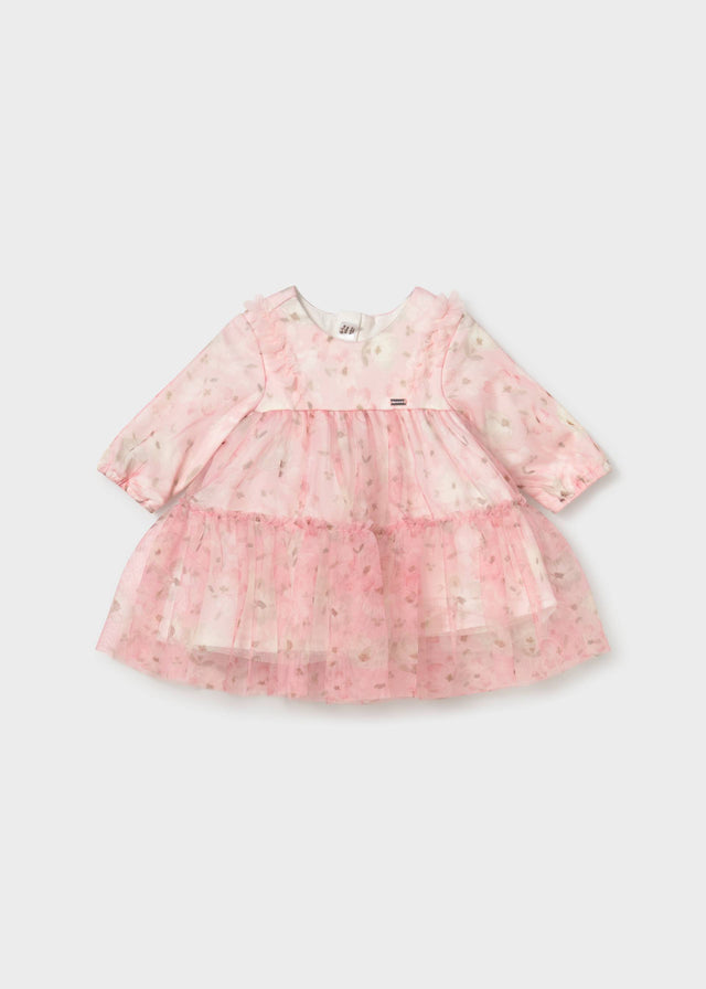 Front of the pink floral tulle dress with ruffle trim at the shoulders and a tiered skirt, Mayoral