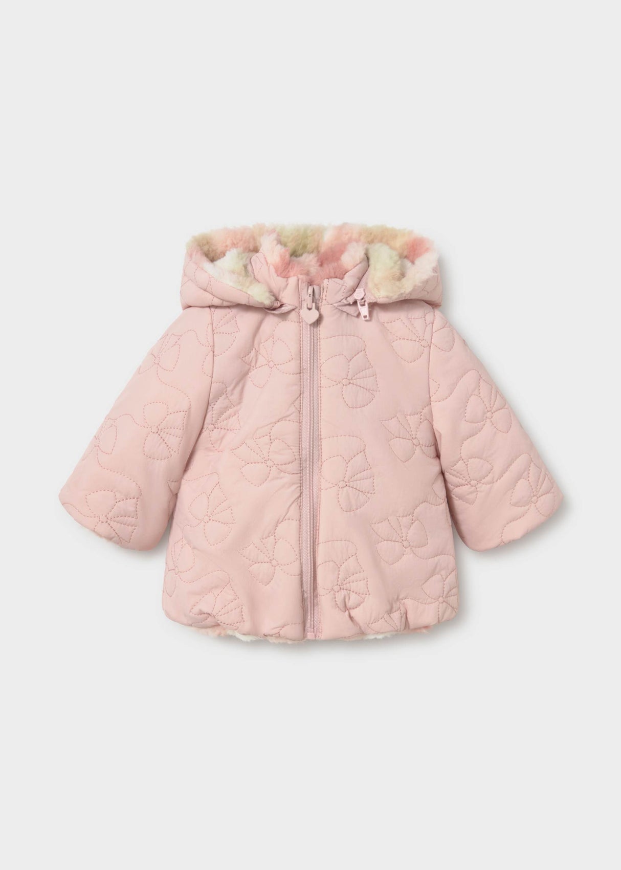 Mayoral newborn baby girl reversible puffer jacket in Pink with hood and quilted design.